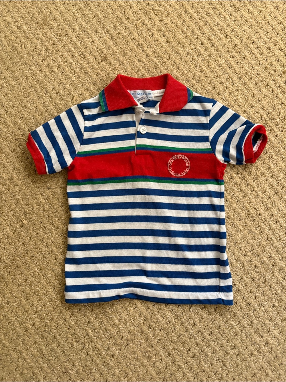 Vintage 80s OshKosh B’gosh Boys Size 4T Red Blue Stripe Polo Logo